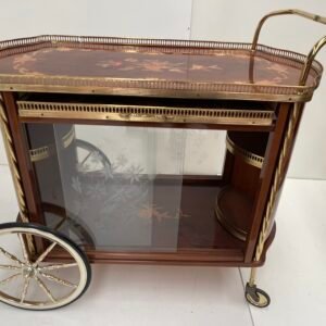 Carrello portavivande in legno e vetro stile Art Nouveau con intarsio anni '50