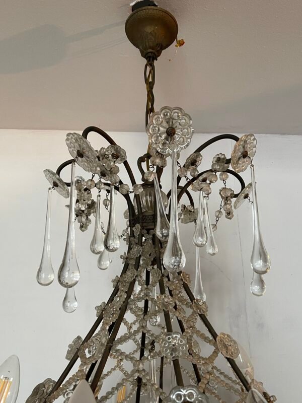 Lampadario Antico in Ferro Battuto e Cristallo – Stile Maria Te - Image 5