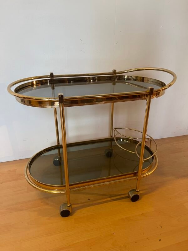 Carrello Bar Vintage in Ottone – Design Ovale con Vetro Fumé