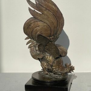 Scultura in Bronzo di Gallo da Combattimento su Base in Legno
