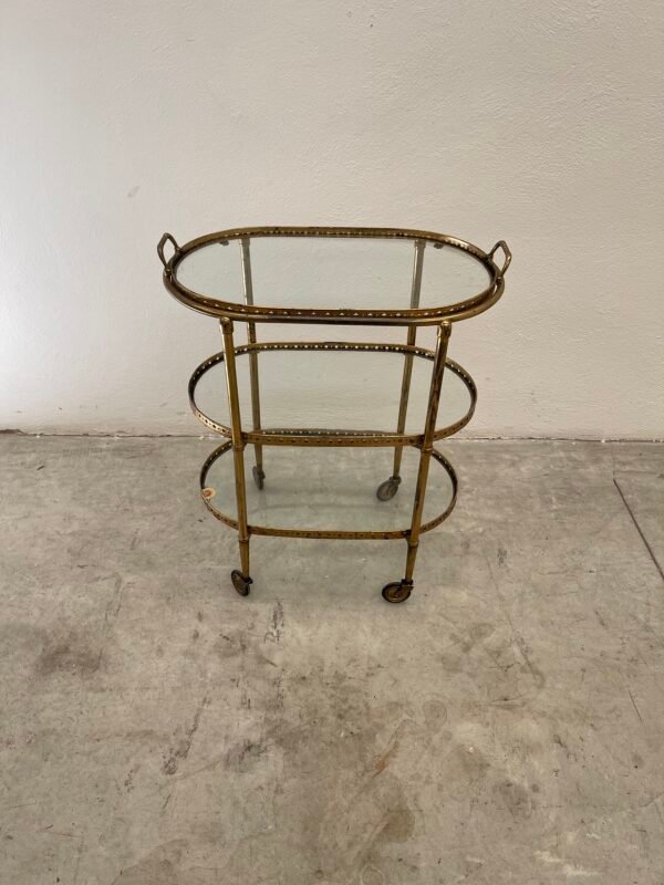 Carrello bar ovale a 3 piani in ottone e vetro vintage anni '60 italian