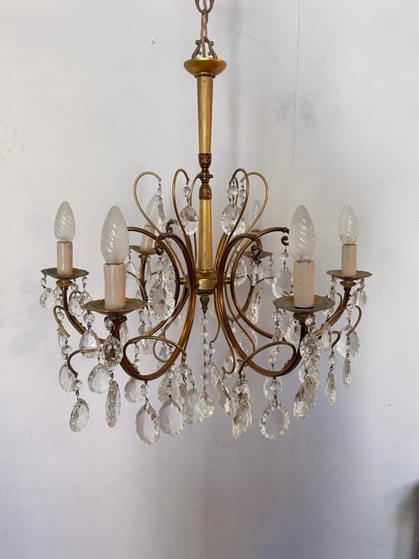 Lampadario a Gocce in Ottone e Cristallo – 6 Luci