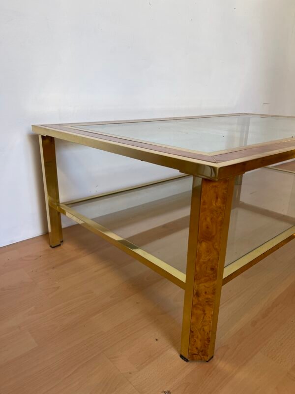 Tavolino da Salotto in Ottone e Radica con Piano in Vetro – Anni '70/'80 - Image 4