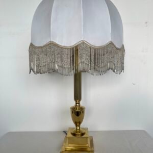 ampada da Tavolo Vintage con Paralume in Tessuto e Base in Ottone Lucido