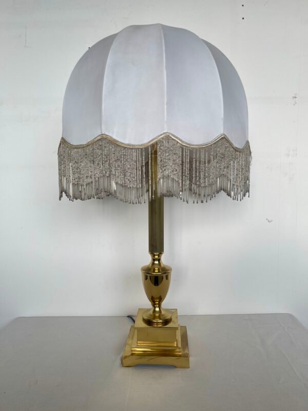 ampada da Tavolo Vintage con Paralume in Tessuto e Base in Ottone Lucido