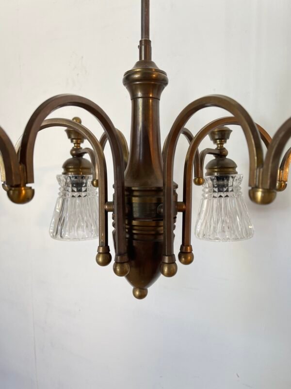Lampadario Vintage in Ottone con Paralumi in Vetro Molato - Image 3