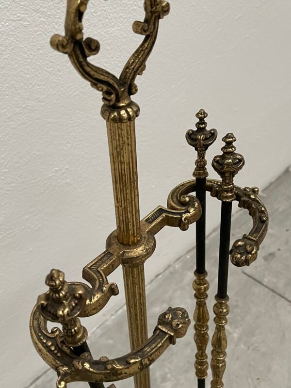 Set da camino antico in ottone – 4 pezzi con supporto ornamentale - Image 5