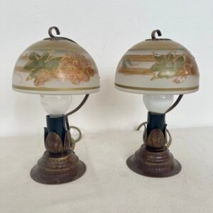 Coppia di Lampade da Comodino Vintage con Paralume Dipinto a Mano