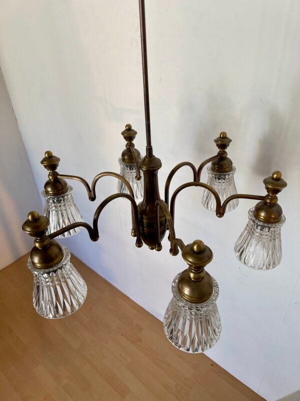 Lampadario Vintage in Ottone con Paralumi in Vetro Molato - Image 5