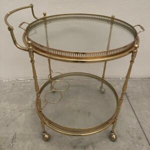 Carrello da tè rotondo in ottone e vetro