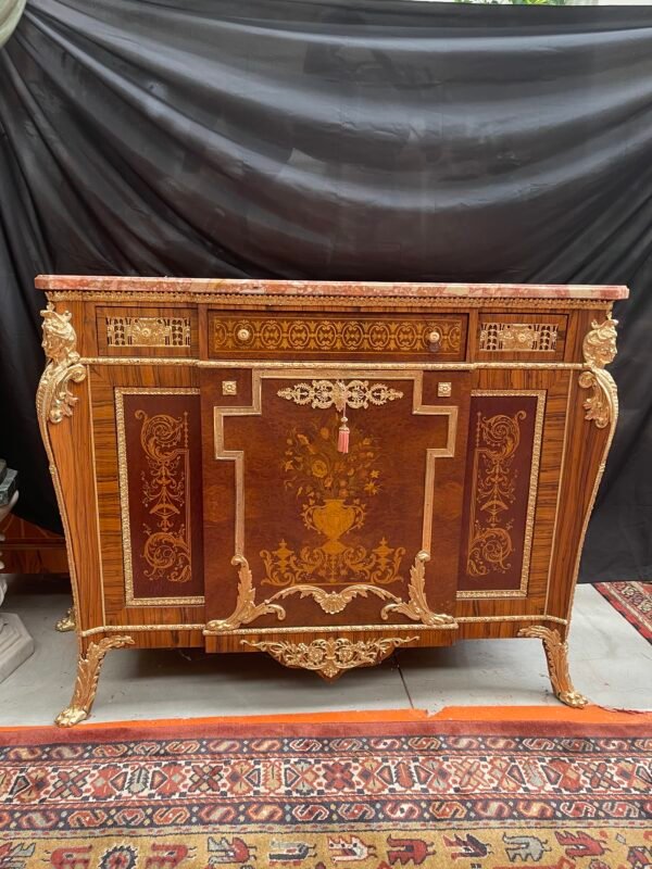 Credenza con Intarsi e Bronzi Dorati, Piano in Marmo - Image 2