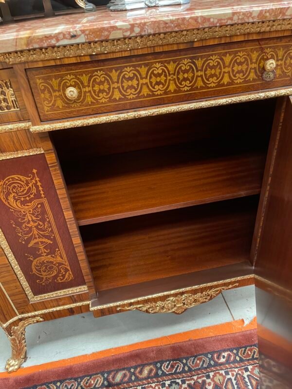 Credenza con Intarsi e Bronzi Dorati, Piano in Marmo - Image 4