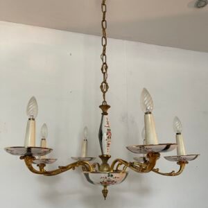 Lampadario vintage in ottone dorato e cristallo