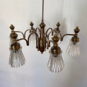 Lampadario Vintage in Ottone con Paralumi in Vetro Molato