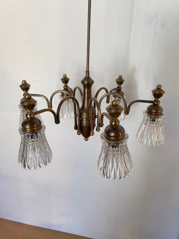 Lampadario Vintage in Ottone con Paralumi in Vetro Molato
