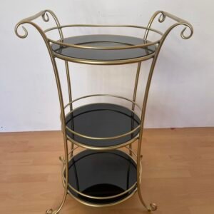 Carrello portavivande vintage in ottone e vetro nero