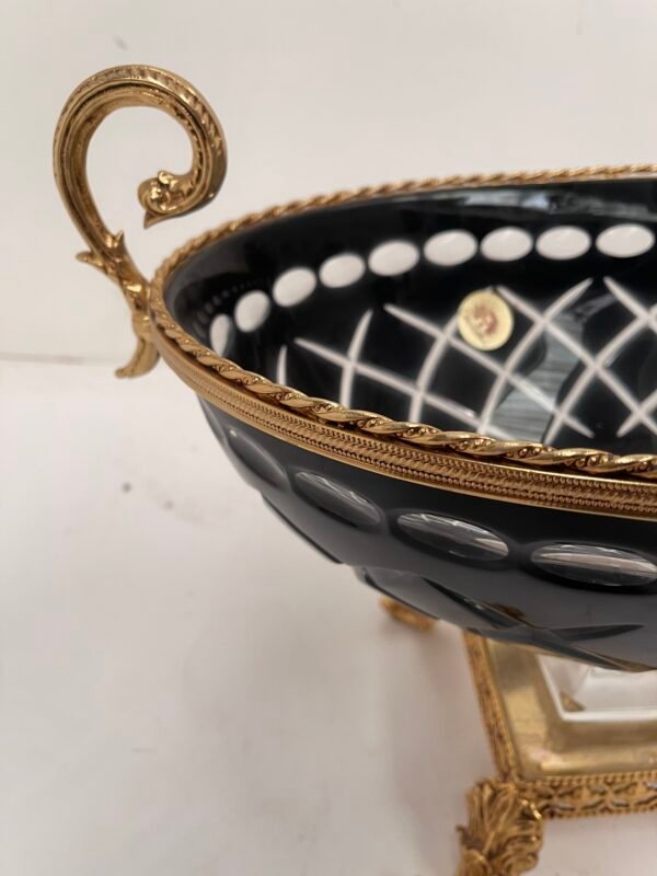 Vaso/Centro tavola in cristallo nero e bronzo dorato. - Image 3