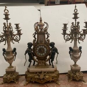 Maestoso Trittico da Camino in Bronzo Dorato e Marmo