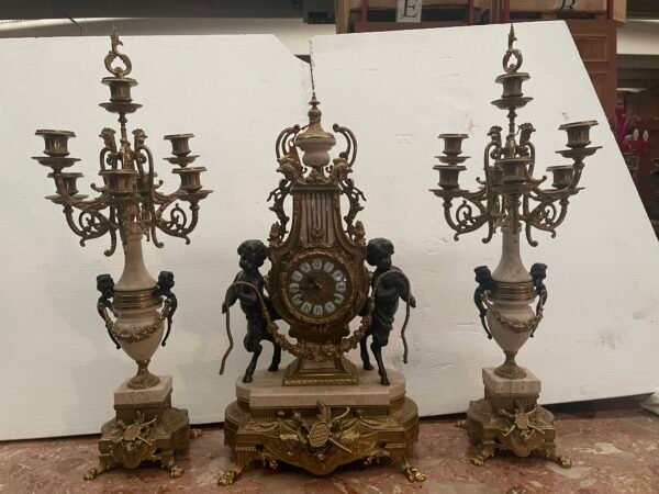 Maestoso Trittico da Camino in Bronzo Dorato e Marmo