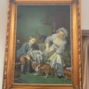 Raffinato Dipinto a Olio - Scena di Genere con Fanciulli e Gatto
