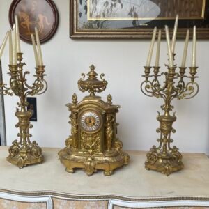 Sontuoso Trittico da Camino in Bronzo Dorato