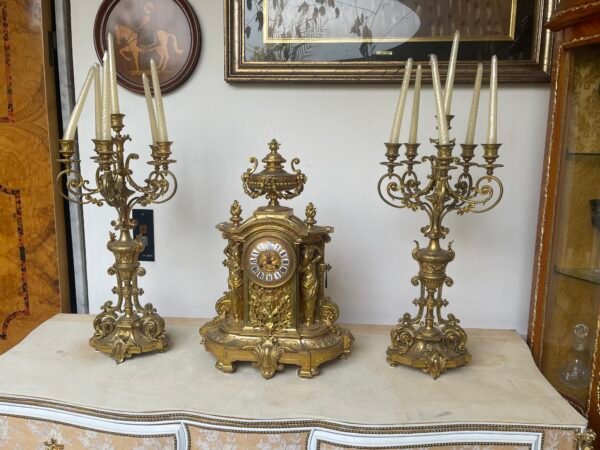 Sontuoso Trittico da Camino in Bronzo Dorato