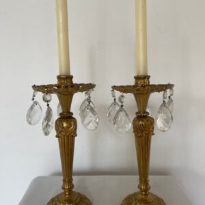 Coppia di Candelieri Antichi in Bronzo/Ottone con Cristalli