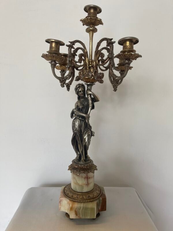 Candelabro Figurale Antico in Bronzo e Marmo