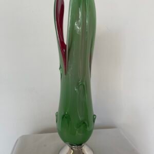 Vaso Decorativo in Vetro Verde e Rosso con Base Cromata