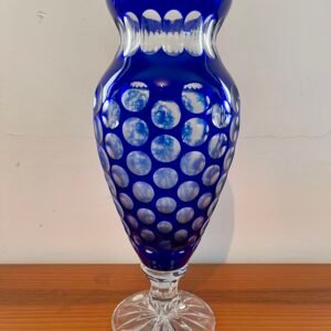 Vaso Artistico in cristallo Blu con Decori Incisi, italia anni '70