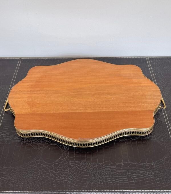 Vassoio Vintage in Legno Intarsiato con Manici in Ottone - Image 3