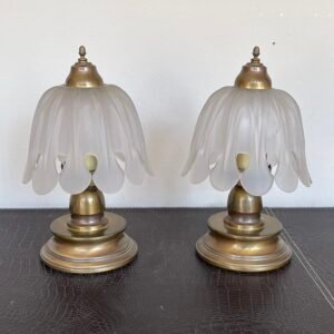 Coppia di Lampade Vintage in Vetro Satinato e Metallo Dorato