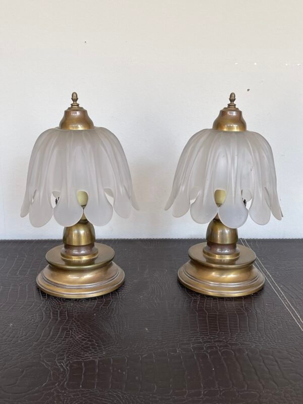 Coppia di Lampade Vintage in Vetro Satinato e Metallo Dorato