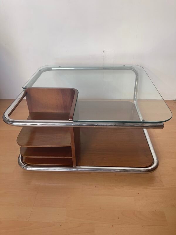 Tavolino da Salotto Vintage in Tubolare Cromato, Legno e Vetro, Stile Art Déco / Bauhaus