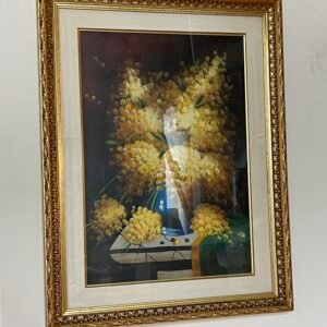 Dipinto a Olio “Mimose in Vaso” – Firmato F. Giordano, Cornice Dorata Antica