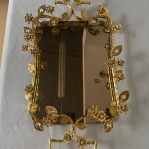 Specchiera Rettangolare in Metallo Dorato con Decorazioni Floreali e Cristalli