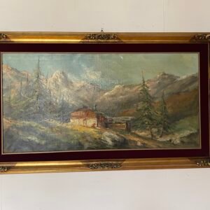 Quadro Paesaggio Alpino – Dipinto a Olio su Tela con Cornice Dorata Firmato: F. Riva
