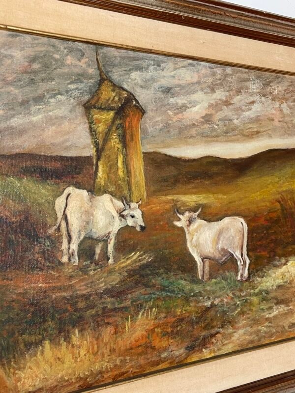 Quadro vintage dipinto ad olio su tela, raffigurante una suggestiva scena rurale con due mucche al pascolo in un paesaggio collinare. - Image 3