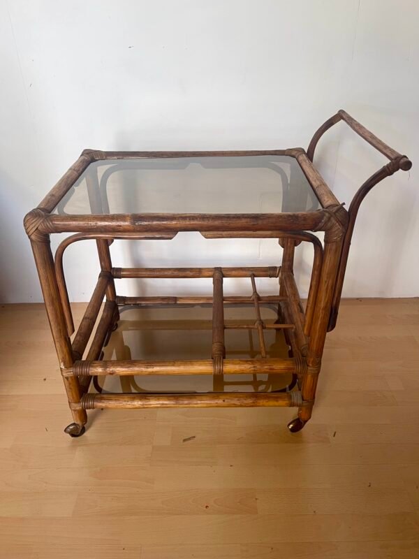 Carrello Bar/Portavivande Vintage in Rattan e Vetro Fumé - Image 5