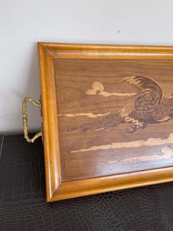 Vassoio vintage in legno intarsiato con uccello in volo - Image 2