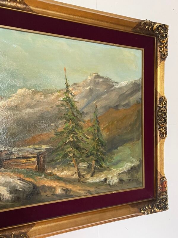Quadro Paesaggio Alpino – Dipinto a Olio su Tela con Cornice Dorata Firmato: F. Riva - Image 3