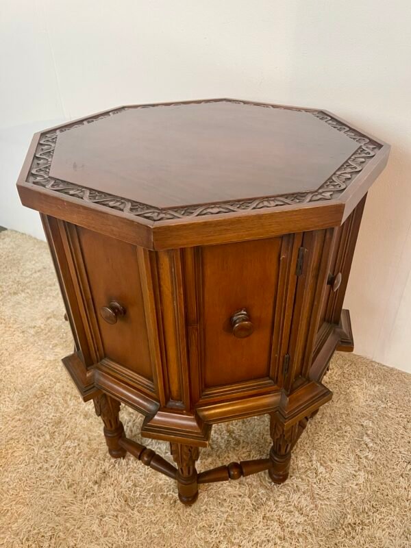 Tavolino Esagonale Vintage in Legno Massello con Antina Apribile - Image 2
