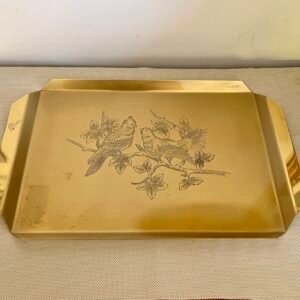 Elegante Vassoio in Ottone – Firmato HILK Amboss Austria – Vintage Decorato con Uccelli Incisi