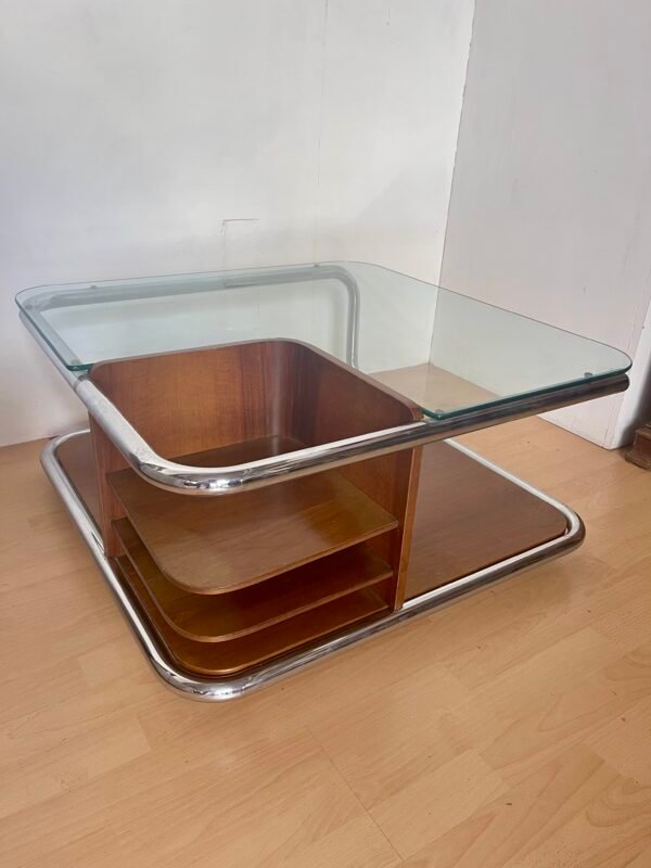 Tavolino da Salotto Vintage in Tubolare Cromato, Legno e Vetro, Stile Art Déco / Bauhaus - Image 4