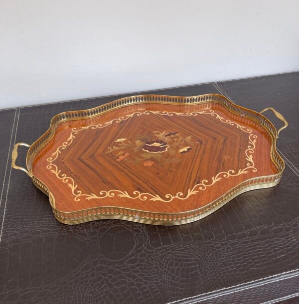 Vassoio Vintage in Legno Intarsiato con Manici in Ottone - Image 4