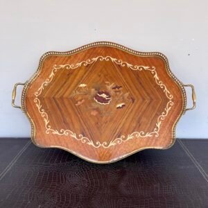 Vassoio Vintage in Legno Intarsiato con Manici in Ottone
