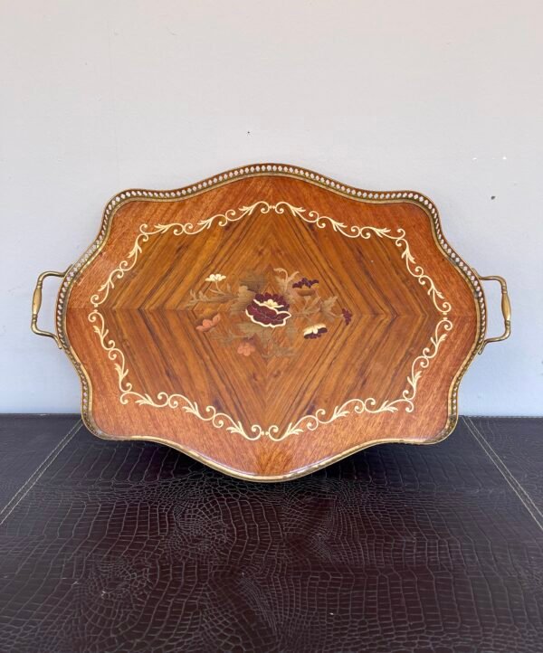 Vassoio Vintage in Legno Intarsiato con Manici in Ottone