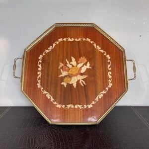 Vassoio Vintage in Legno Intarsiato con Motivo Floreale e Cornice in Ottone