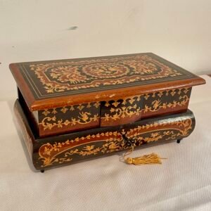 Scatola da Portagioie Antica in Legno Intarsiato con Specchio e Miniatura"