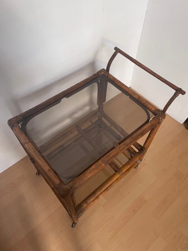 Carrello Bar/Portavivande Vintage in Rattan e Vetro Fumé - Image 2